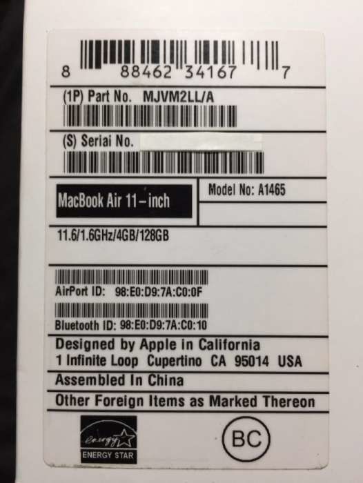 MacBook Air 11 , model A1465 , SSD 128GB , 2015